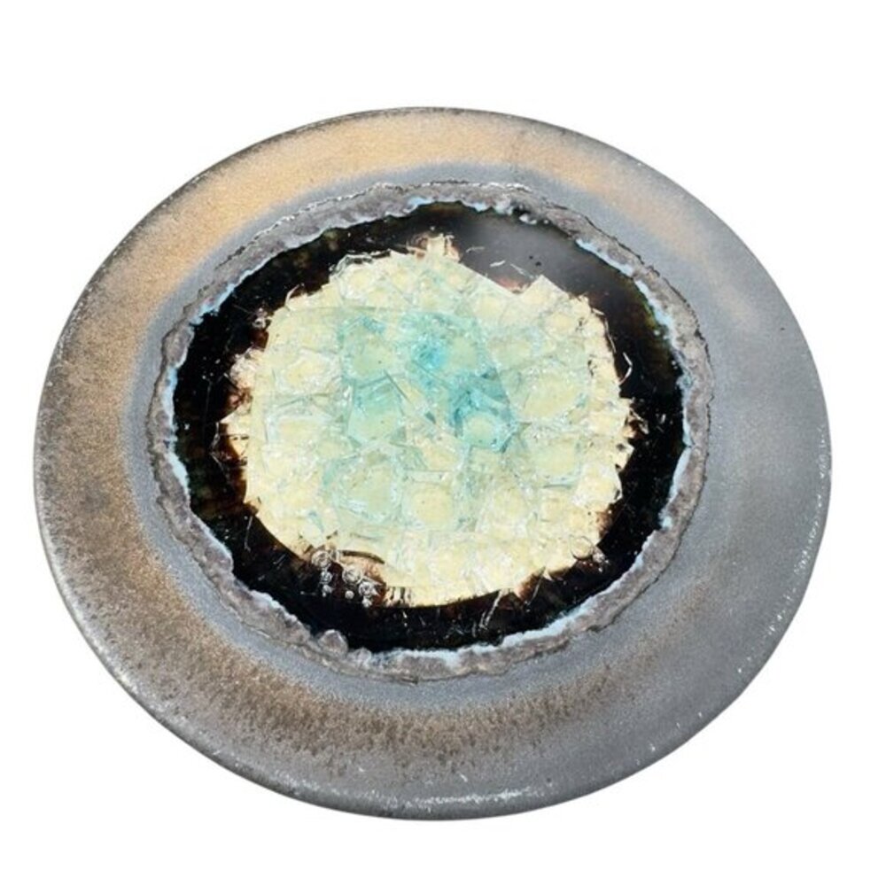 Hand Made Crystalline Pottery Round Wasabi Dipping Dish Plate Signed Crafted VTG